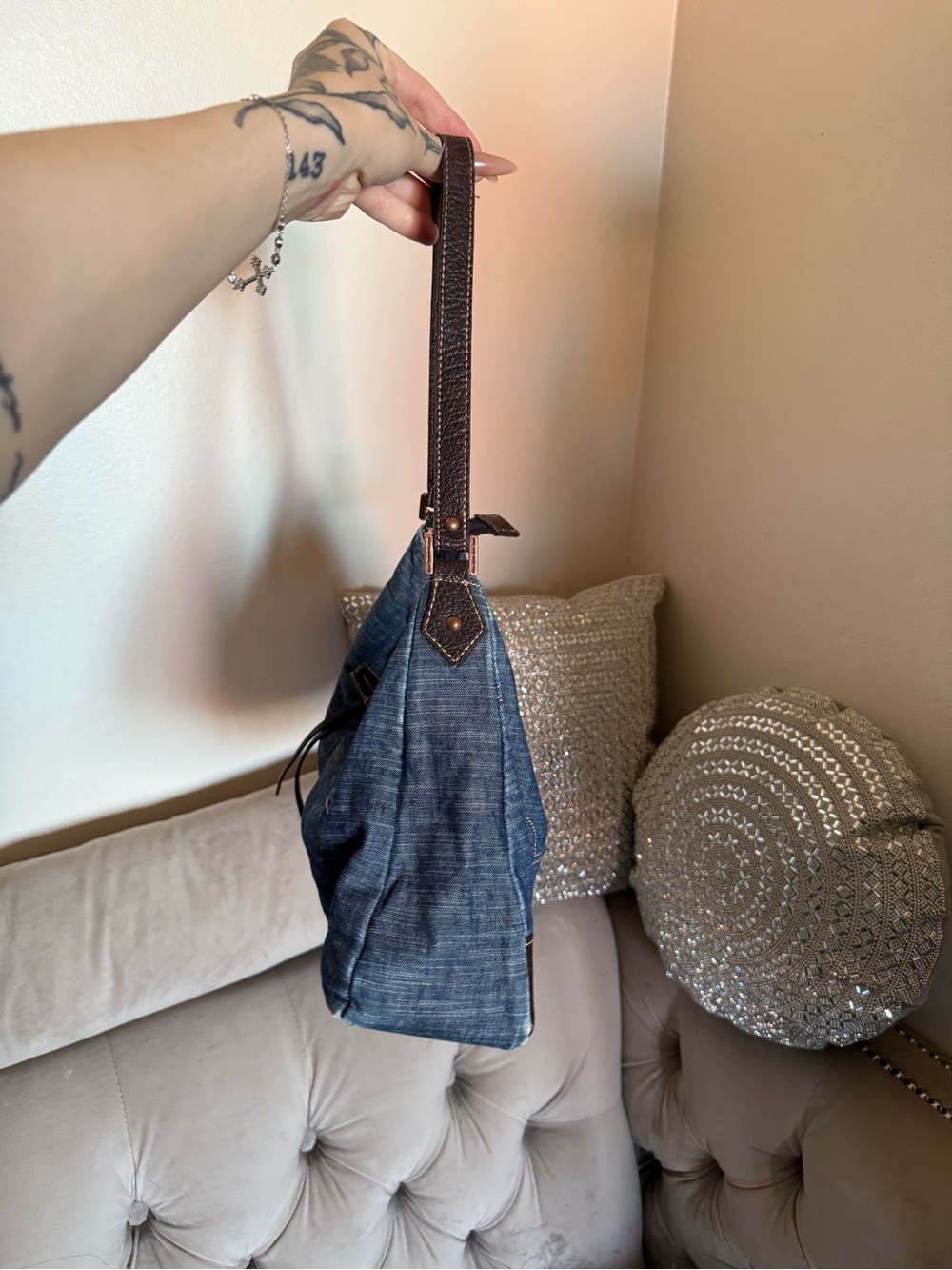 Guess Denim Shoulder Bag with Dark Brown Trim - Picture 4 of 11